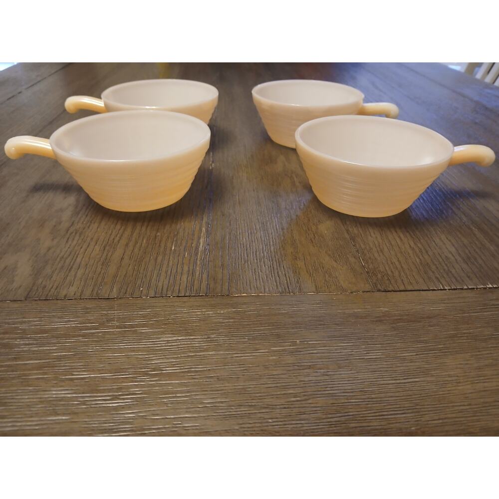 Vintage 4 Fire King Oven Ware Beehive Bowls Handles Made in USA Peach Luster